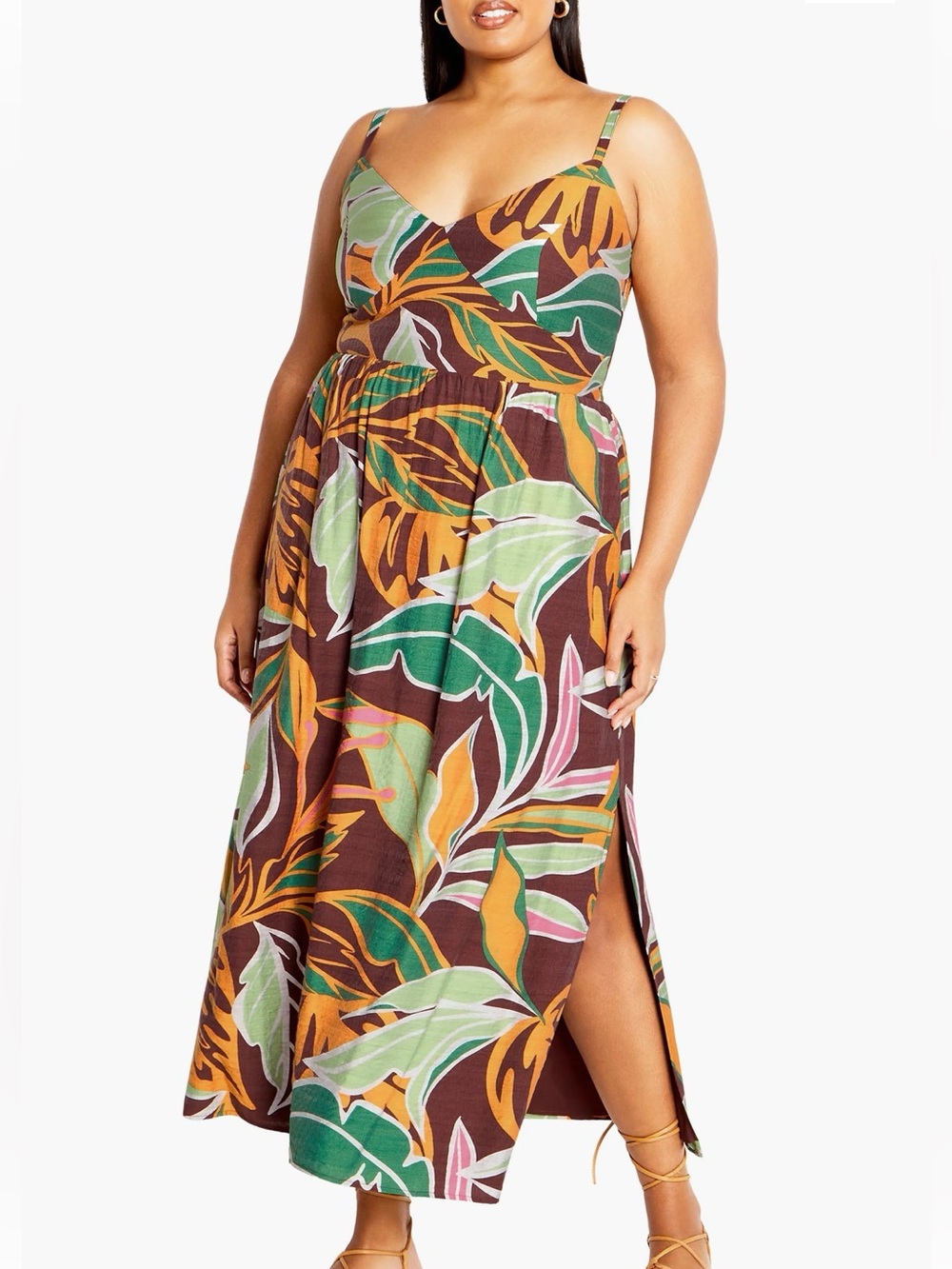 City Chic XL/22  Brown Tropical Print Maxi Dress with Green & Orange Leaves